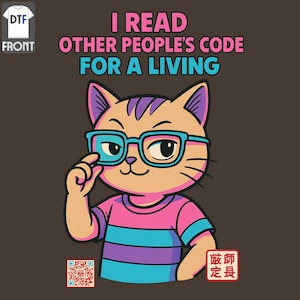 May include: A t-shirt featuring a cartoon cat wearing glasses and a striped shirt. The text reads "I READ OTHER PEOPLE'S CODE FOR A LIVING". A QR code and Japanese text are also present.