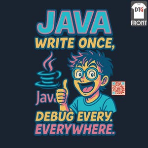 May include: Navy blue t-shirt with a colourful graphic. The design features the word "JAVA" in pink and blue, along with the phrase "WRITE ONCE, DEBUG EVERYWHERE." A cartoon character with glasses and a thumbs-up gesture is also included.