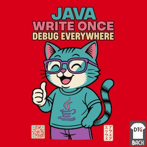 May include: A red t-shirt with a cartoon cat wearing glasses and a t-shirt with a Java logo. The text above the cat reads "JAVA WRITE ONCE DEBUG EVERYWHERE". The cat is giving a thumbs up.