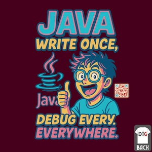 May include: A maroon t-shirt with a cartoon graphic. The graphic features the word "JAVA" in teal and pink, along with the phrase "WRITE ONCE, DEBUG EVERYWHERE." A smiling cartoon character with glasses and a thumbs-up gesture is also included.
