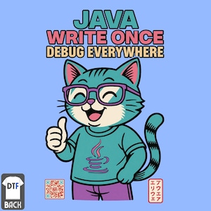 May include: A light blue t-shirt featuring a cartoon cat wearing glasses and giving a thumbs up. The shirt displays the Java logo and the text "JAVA WRITE ONCE DEBUG EVERYWHERE". The background is light blue.