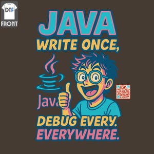May include: Brown t-shirt with a colourful graphic. The design features the word "JAVA" in teal and pink, along with the phrase "WRITE ONCE, DEBUG EVERYWHERE." A cartoon character with glasses and a thumbs-up gesture is also included.