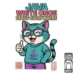 May include: A long-sleeved t-shirt with a cartoon cat wearing glasses and giving a thumbs up. The shirt has the text "JAVA WRITE ONCE DEBUG EVERYWHERE" in a colourful design. The cat is wearing a teal shirt and purple trousers.