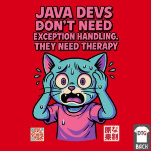May include: Red graphic tee featuring the text "JAVA DEVS DON'T NEED EXCEPTION HANDLING, THEY NEED THERAPY." The design includes a cartoon cat with blue fur, a worried expression, and Japanese text. A QR code is also present.