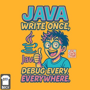 May include: Yellow graphic tee with the text "JAVA WRITE ONCE, DEBUG EVERYWHERE." The design features a cartoon of a smiling person with glasses giving a thumbs up, and a Java cup logo.