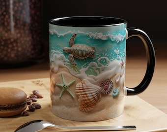 May include: A ceramic mug with a black interior and handle, featuring a beach scene with a sea turtle, seashells, and starfish. The design includes ocean waves and sand, creating a coastal theme. The mug is on a wooden surface.