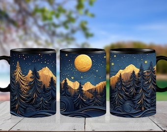 Moonlit Mountain Kaffeebecher: Sternenklare Nacht Keramiktasse
