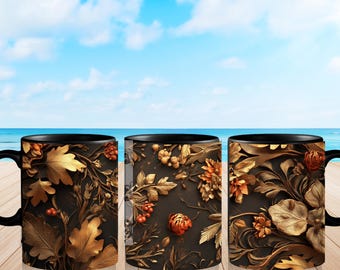 May include: Three black coffee mugs with a detailed floral design in gold and bronze tones. The design features leaves, berries, and flowers on a dark background. The mugs are set against a backdrop of a blue sky and ocean.