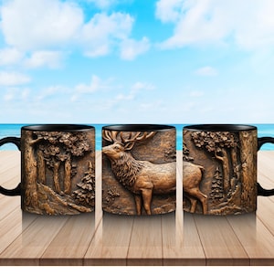 Majestic Elk Relief Mug: Black Ceramic Coffee Cup, Rustic Home Decor