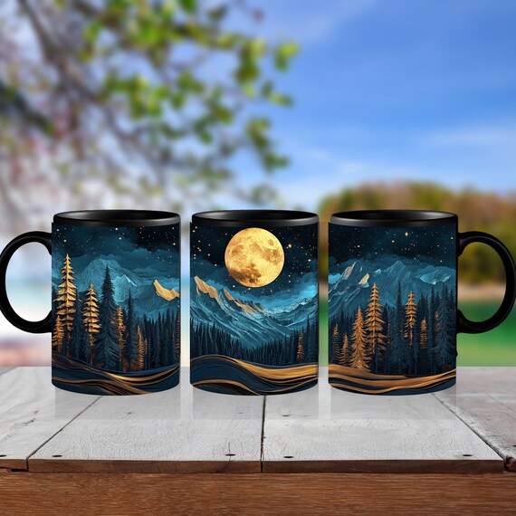 Moonlit Wilderness Black Mug: Cozy Campfire Coffee Cup
