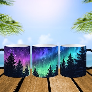 Betoverende kleur veranderende mok, noorderlichtontwerp, unieke cadeaus voor natuurliefhebbers, gezellige koffiemomenten, magische drinkgerei, magische mok