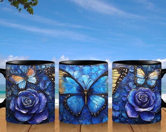 蝶柄の黒いコーヒーマグ：花柄デザイン、自然愛好家へのギフト