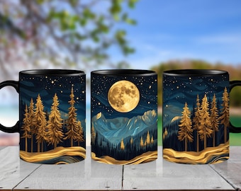 Moonlit Forest Coffee Mug: Night Sky Ceramic Cup, Nature Lover Gift
