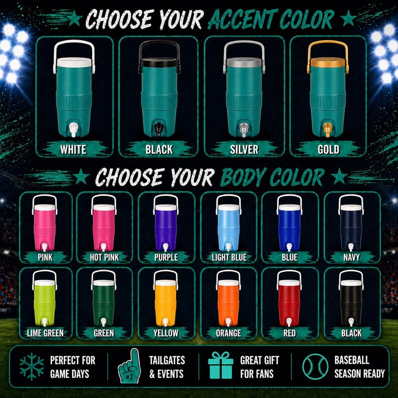 May include: A selection of insulated beverage coolers in various colors, including white, black, silver, and gold accents. Body colors range from pink to navy, with options like lime green, yellow, and red. Text reads "Choose Your Accent Color" and "Choose Your Body Color."