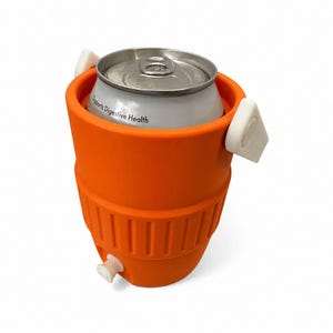 May include: An orange insulated can cooler with white handles and a white spigot. A silver can is inside the cooler. The can has the words "Supports Digestive Health" printed on it. The cooler is designed to keep beverages cold.