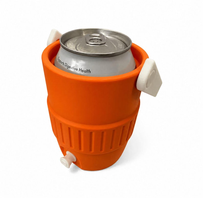 May include: An orange insulated can cooler with white handles and a white spigot. A silver can is inside the cooler. The can has the words "Supports Digestive Health" printed on it. The cooler is designed to keep beverages cold.