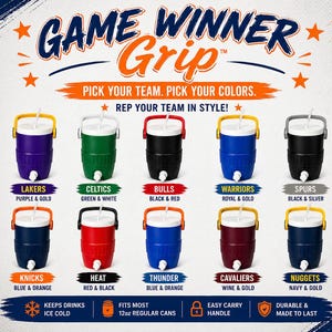 May include: A promotional image showcasing a variety of insulated beverage coolers, each in a different color scheme representing various sports teams. The coolers have a white lid, a handle, and a straw. Text includes "Game Winner Grip" and team names like Lakers, Celtics, and Bulls.