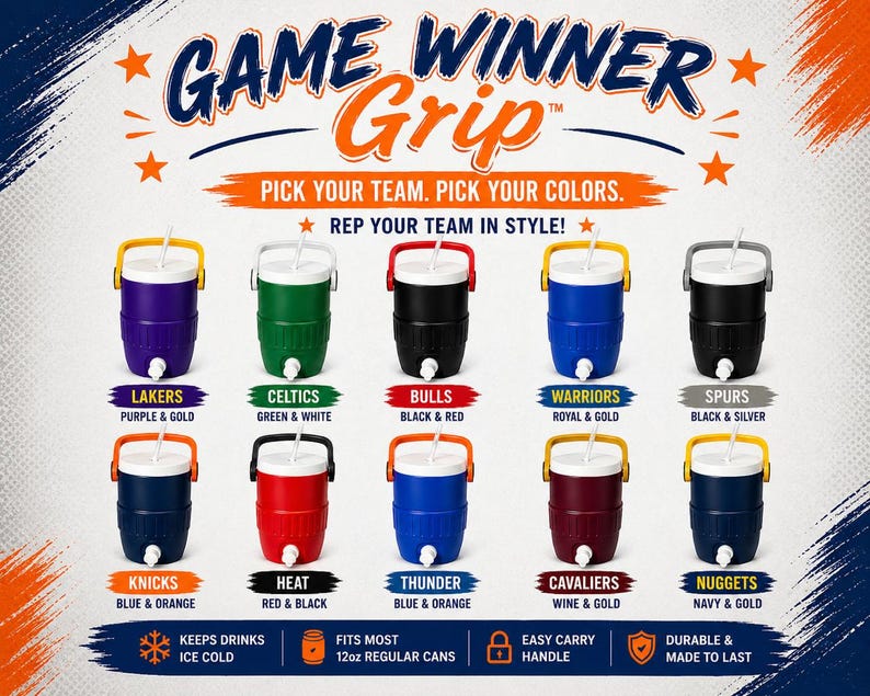 May include: A promotional image showcasing a variety of insulated beverage coolers, each in a different color scheme representing various sports teams. The coolers have a white lid, a handle, and a straw. Text includes "Game Winner Grip" and team names like Lakers, Celtics, and Bulls.