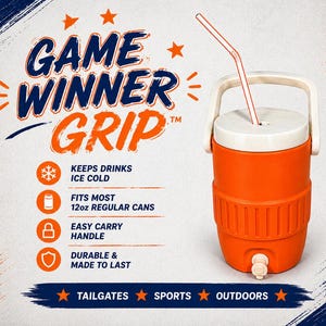 May include: Orange and white insulated beverage cooler with a handle and a straw. The cooler has the text "GAME WINNER GRIP" and icons indicating features like keeping drinks cold and fitting 12oz cans. The design includes stars and the words "TAILGATES SPORTS OUTDOORS."