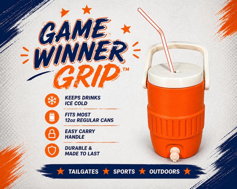 May include: Orange and white insulated beverage cooler with a handle and a straw. The cooler has the text "GAME WINNER GRIP" and icons indicating features like keeping drinks cold and fitting 12oz cans. The design includes stars and the words "TAILGATES SPORTS OUTDOORS."