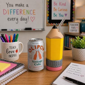 May include: A yellow pencil-shaped tumbler with a clear straw, a can of Olipop Vintage Cola, and a mug that says "Teach Love Inspire" with pens and pencils. A whiteboard with the text "You make a DIFFERENCE every day!" is in the background.