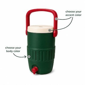 May include: A green and cream-colored water cooler with a red handle and spigot. The text "choose your body color" and "choose your accent color" are visible. The cooler is designed to keep beverages cold.