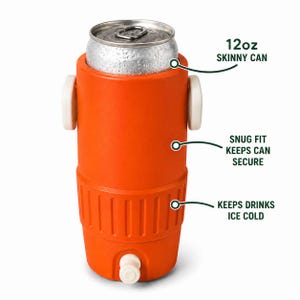 May include: An orange can cooler with a 12oz skinny can inside. The cooler has white handles and a white spout at the bottom. Text on the cooler reads, "Snug fit keeps can secure" and "Keeps drinks ice cold."
