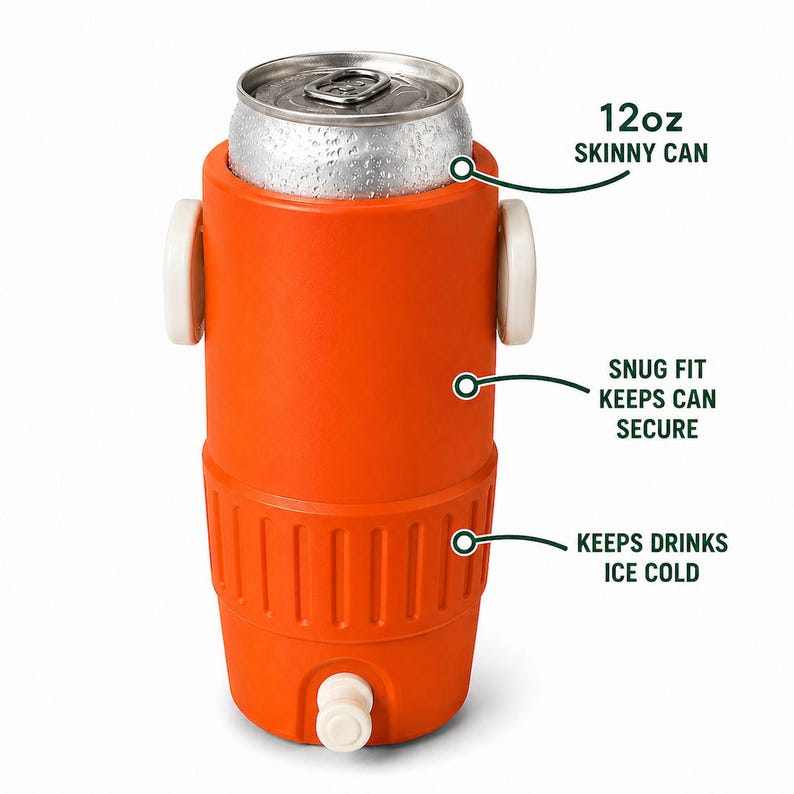 May include: An orange can cooler with a 12oz skinny can inside. The cooler has white handles and a white spout at the bottom. Text on the cooler reads, "Snug fit keeps can secure" and "Keeps drinks ice cold."