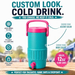 May include: A teal and pink insulated beverage cooler with a handle. The cooler has a pink lid and handle, a teal body, and a pink spigot. Text on the cooler says it holds 12oz slim cans and keeps drinks ice cold.