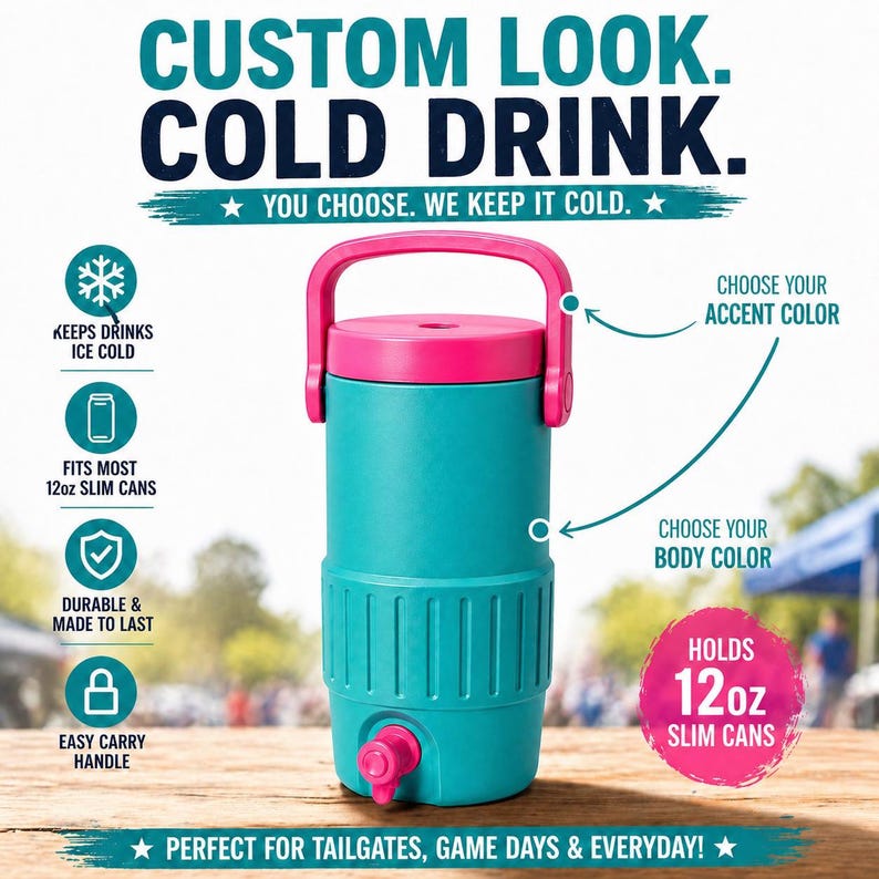May include: A teal and pink insulated beverage cooler with a handle. The cooler has a pink lid and handle, a teal body, and a pink spigot. Text on the cooler says it holds 12oz slim cans and keeps drinks ice cold.