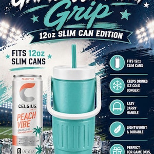 May include: A teal-colored slim can cooler with a white handle and lid, designed to fit 12oz cans. The image also features a can of Celsius Peach Vibe sparkling drink and ice cubes. Text on the cooler reads "Game Winning Grip."