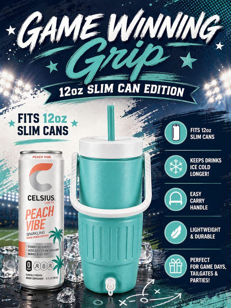 May include: A teal-colored slim can cooler with a white handle and lid, designed to fit 12oz cans. The image also features a can of Celsius Peach Vibe sparkling drink and ice cubes. Text on the cooler reads "Game Winning Grip."
