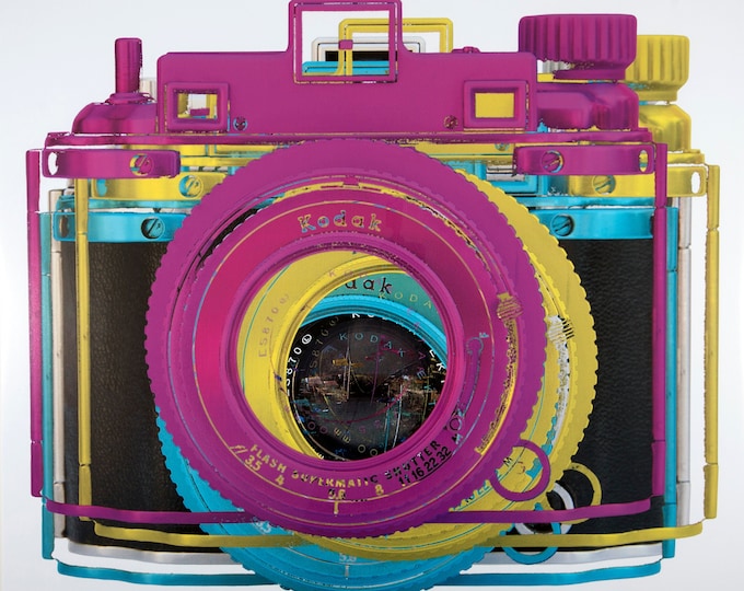 Featured listing image: camERA art - Kodak "CMYK off reg" is an original photograph of a mid-century rangefinder camera - transformed.