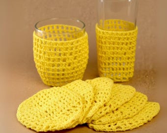 Handmade Yellow Knitted Glass Sleeves | Cozy Drink Coasters | Set of 6 Cozies | Eco-Friendly
