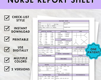 Printable Nurse Report Sheet ICU, Nurse Brain, 1 patient, Nurse Brain Sheet, Single Patient, Report Sheet Nurse, Nurse Resource, Med Surg