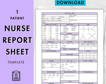 Printable Nurse Report Sheet ICU, Nurse Brain, 1 patient, Nurse handoff Sheet, Single Patient, RN, Rainbow, Nurse Resource, New grad MedSurg