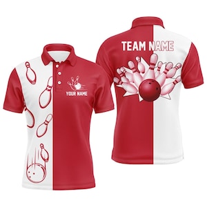 May include: Red and white bowling polo shirt. The front features a bowling pin design and the text "YOUR NAME". The back displays a bowling ball hitting pins, with the text "TEAM NAME".
