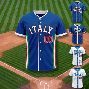 May include: Baseball jerseys with "ITALY" across the chest and the number "00". The jerseys are blue, white, and red, with various designs including stripes and solid colors. The jerseys are displayed on a baseball field.