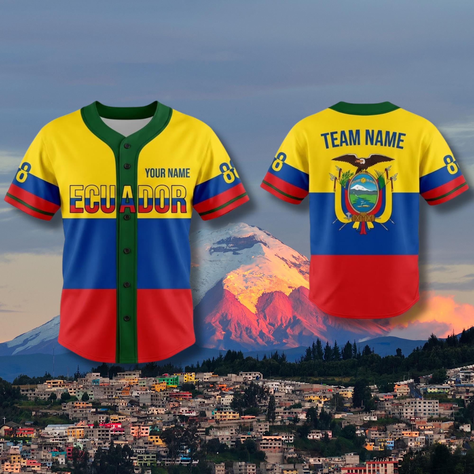 Discover Ecuador Flag Colors Baseball Jersey Button Up Shirt, Personalized Name Number & Team Name, Unisex Custom Fan Gift