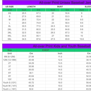 K&ouml;nnte beinhalten: Diagramme von Baseball-Trikots mit Gr&ouml;&szlig;entabellen f&uuml;r Unisex-, Kinder- und Jugendgr&ouml;&szlig;en. Die Ma&szlig;e sind in Zentimetern und Zoll angegeben, einschlie&szlig;lich L&auml;nge, Brust, &Auml;rmel und Schulter. Gr&ouml;&szlig;en von XS bis 5XL.