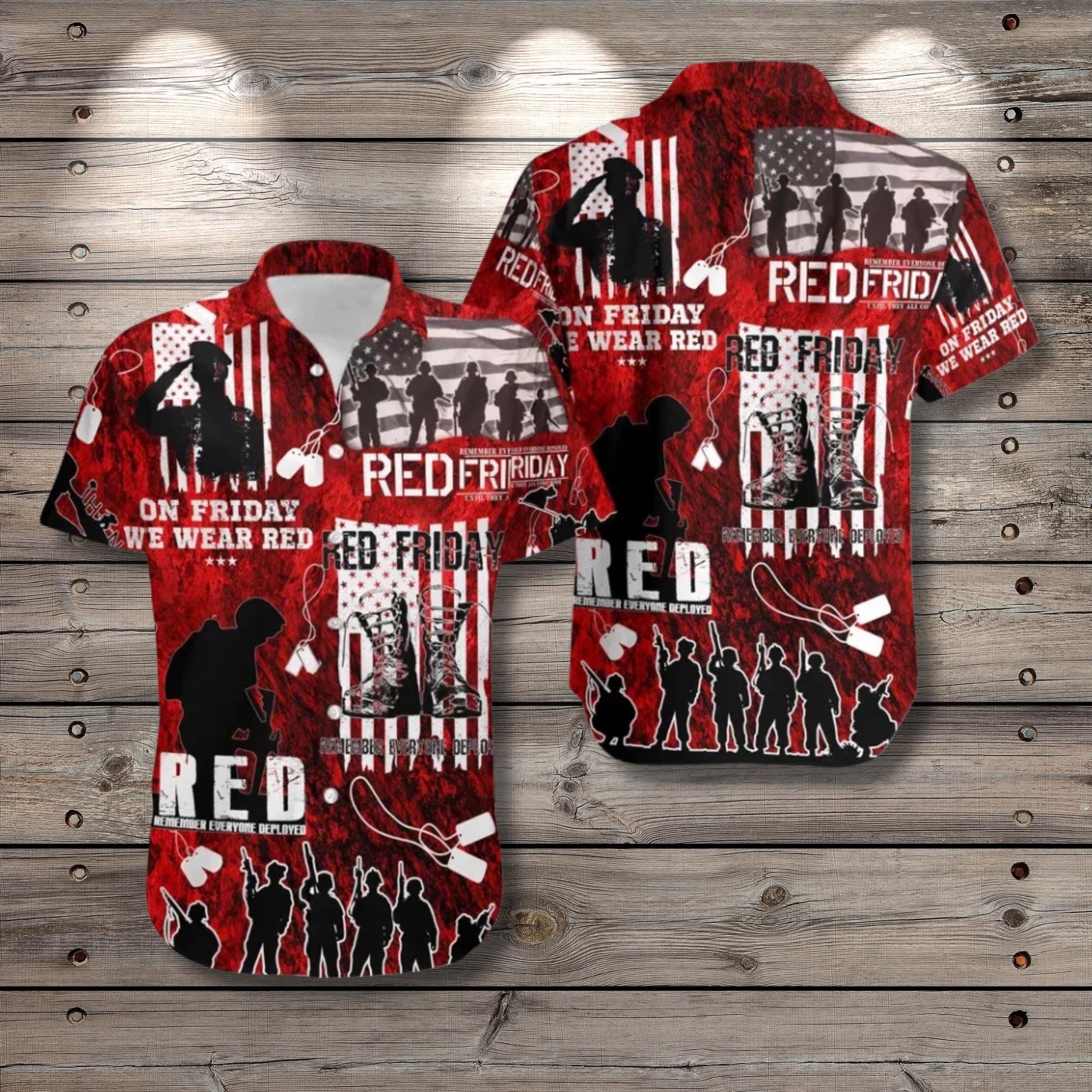 Discover Red Friday Hawaiian Shirt US Veteran Memorial Aloha Button Up Patriotic Gift