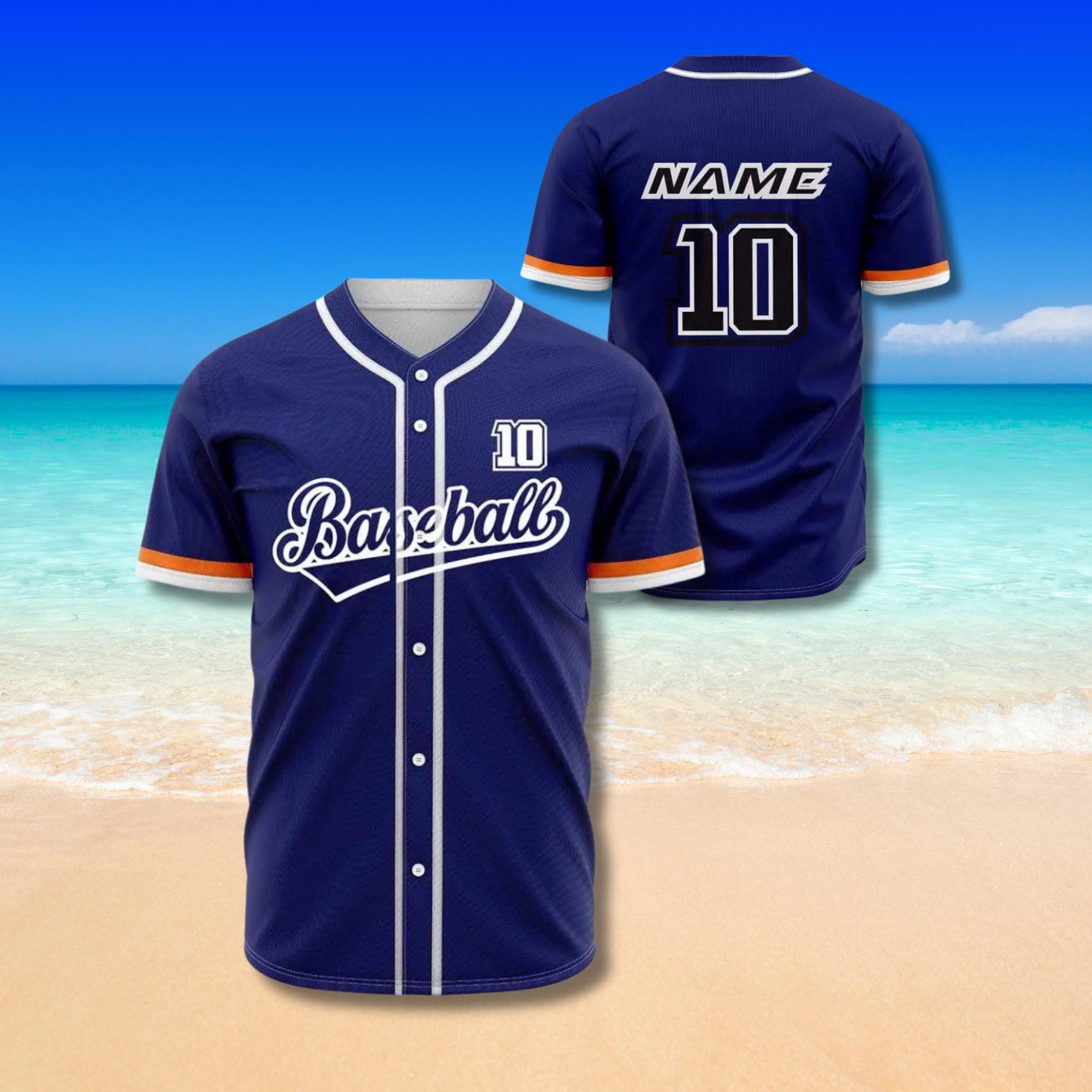 Discover Navy Blue Baseball Jersey Shirt Unisex Retro Script Sports Top Custom Name and Number Team Fan Gift