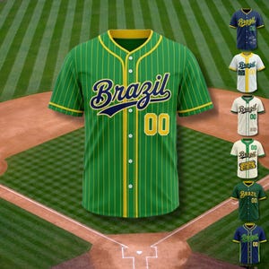 May include: Green and yellow baseball jersey with the word "Brazil" in navy blue script and the number "00". The jersey has vertical stripes and is displayed on a baseball field. Several other jersey designs are shown.