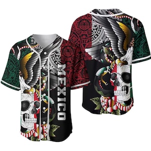 May include: Baseball jersey with a vibrant design featuring a skull, eagle, and snake, incorporating the colors of the Mexican flag. The word "MEXICO" is vertically printed on the front. The jersey has a button-up front and white trim.