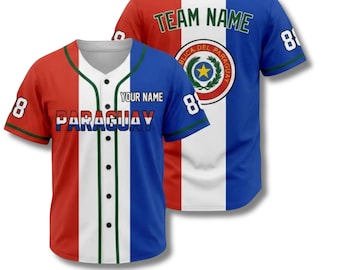 Paraguay Inspired Baseball Jersey Button Up Shirt, Personalized Name Number Team Name, Unisex Fan Gift, Game Day Streetwear, Flag Colors