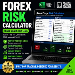 May include: A laptop screen displays a "FOREX RISK CALCULATOR" interface. The software includes risk assessment tools, a multi TP planner, and a trading journal. The design is black, green, and white, with the text "TRADE SMART. RISK LESS."