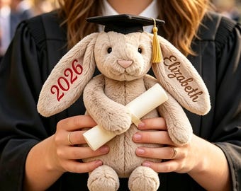 Personalized Graduation Bunny Plush, College Graduation Gift, University Graduation Plush, Cute Bunny with Cap Diploma Keepsake for Her
