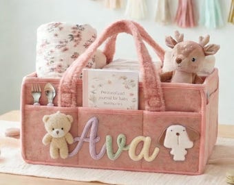 Cesta de almacenamiento de peluche personalizada para bebé con oso y flor, organizador suave para la habitación del bebé con compartimentos y bolsillos, regalo para recién nacidos y niños pequeños.