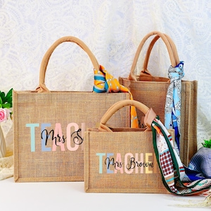 Custom Teacher Burlap Tote Bag, Teacher Name Tote Bag, Thank You Teacher Gift Bag, First Day of School Teacher Gift, Teaching assistant Gift