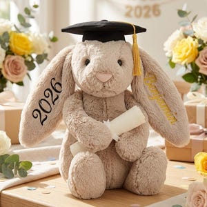 Personalized Graduation Bunny Plush, Custom Embroidered Name Rabbit, Class of 2026 Keepsake, College Graduation Gift, Bunny with Cap Diploma